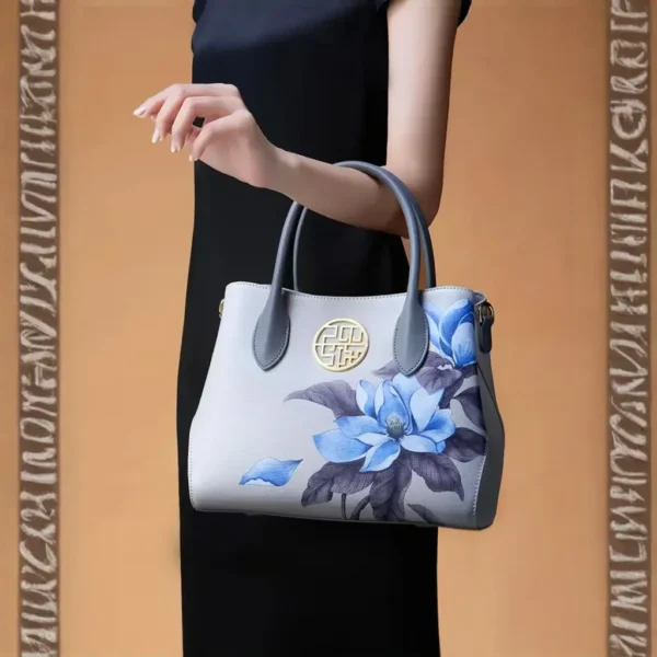 Light Gray Genuine Leather Handbag with Gardenia Embroidery - Image 9