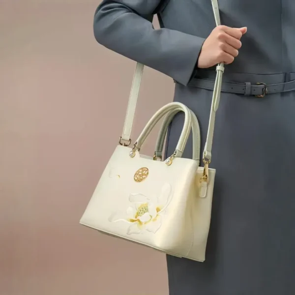 Women's Shoulder and Handbag with White Lotus Embroidery - Image 2